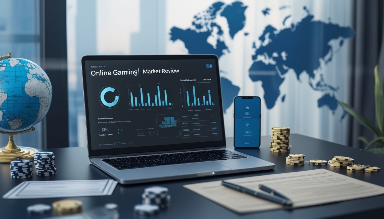 Meja kerja modern dengan laptop berisi grafik analitik, peta dunia, kartu, dan keping permainan.