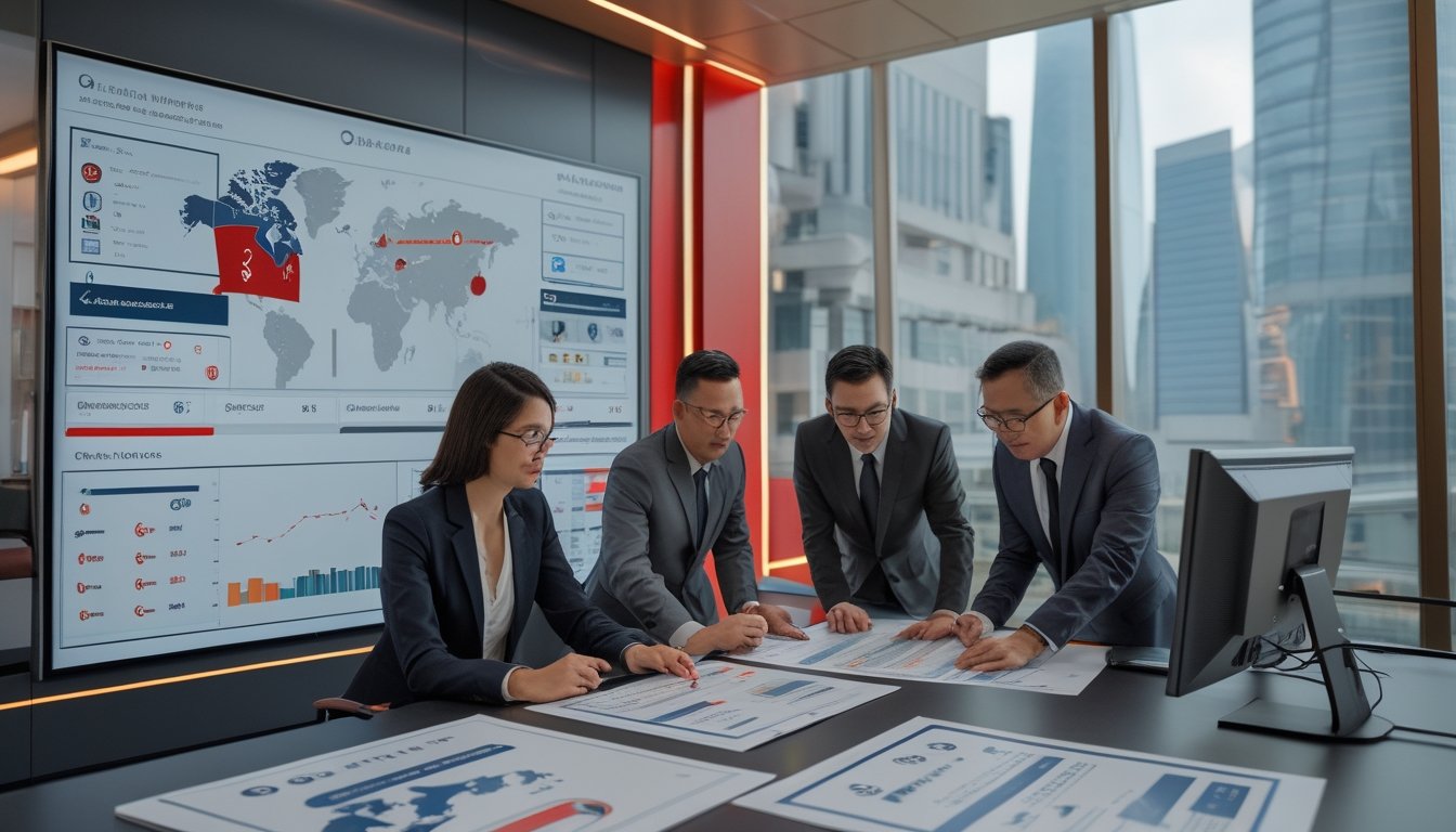 Tim analis memeriksa data pasar internasional dan indikator keamanan di kantor modern.