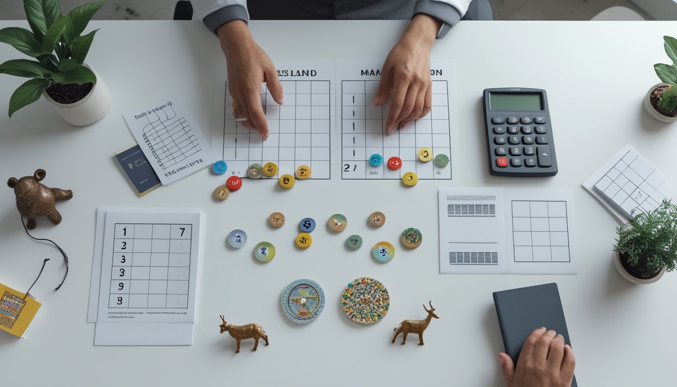 Seseorang mempelajari angka, token bernomor, kalkulator, dan figur hewan zodiak di atas meja.