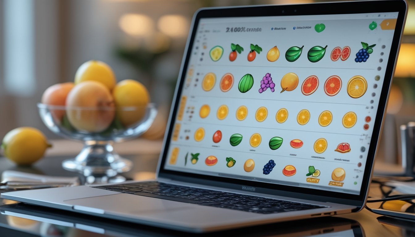 Laptop dan ponsel menampilkan antarmuka permainan bertema buah di samping semangkuk buah segar.