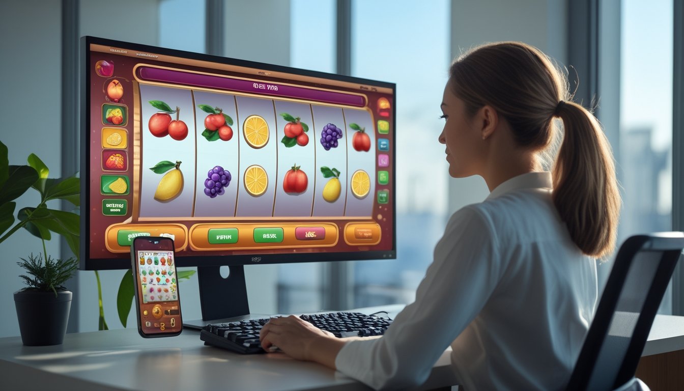 Seseorang melihat permainan slot bertema buah pada komputer dan ponsel di meja kerja.