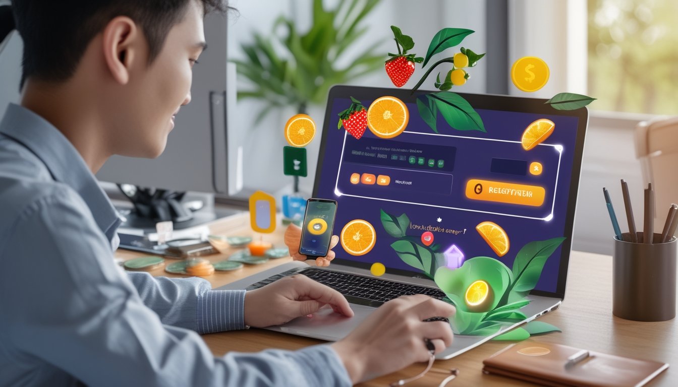 Seseorang menggunakan laptop dan ponsel untuk mendaftar akun platform hiburan daring bertema buah dengan elemen keamanan digital di meja kerja.