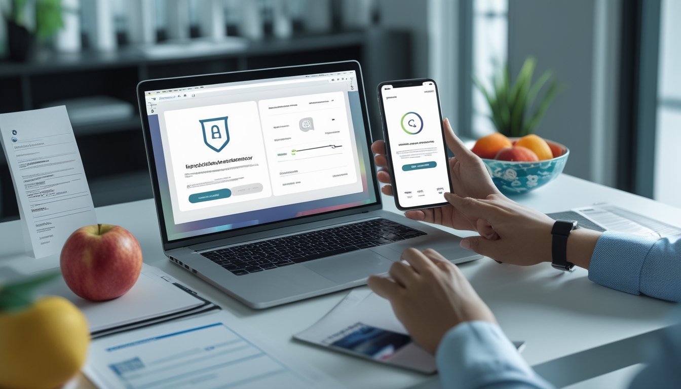 Tangan orang dewasa menggunakan laptop dan ponsel untuk verifikasi usia dan pendaftaran platform online yang aman.