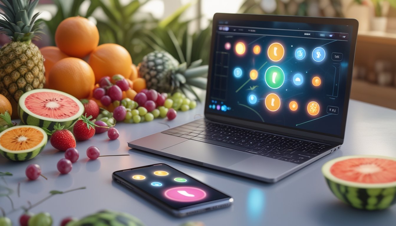 Buah-buahan tropis tersusun di sekitar ponsel dan laptop dengan tampilan digital berwarna-warni.