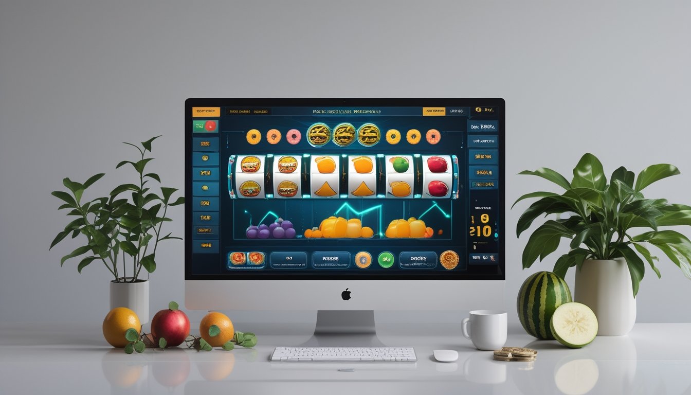Monitor menampilkan permainan slot bertema buah dengan grafik analisis dan buah-buahan segar di meja.