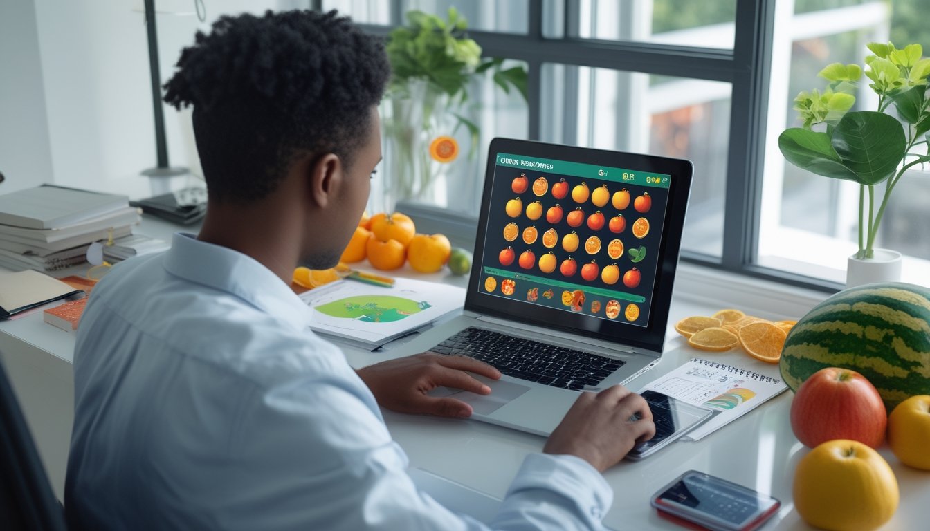 Orang dewasa melihat permainan bertema buah di laptop dengan berbagai buah dan perlengkapan kerja di meja.
