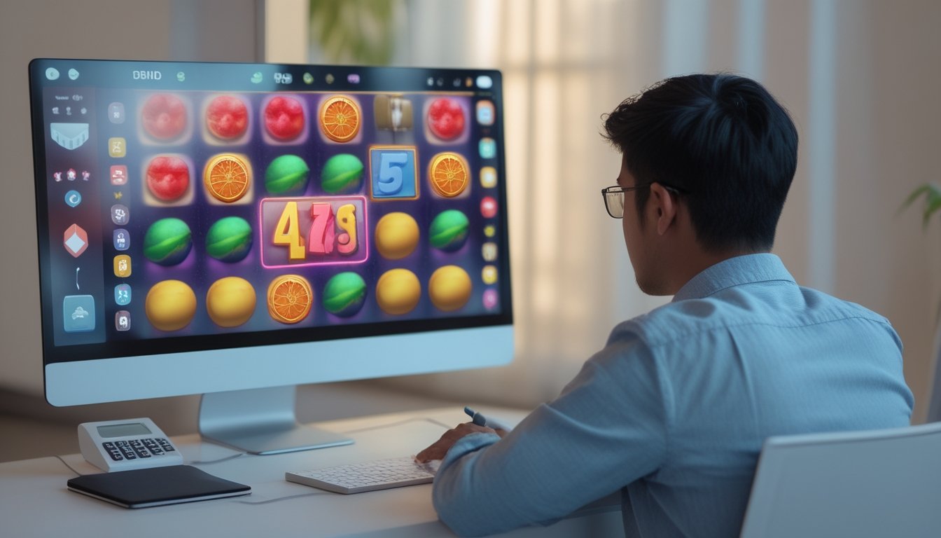 Seseorang menganalisis permainan slot bertema buah di komputer dengan buku catatan dan kalkulator.