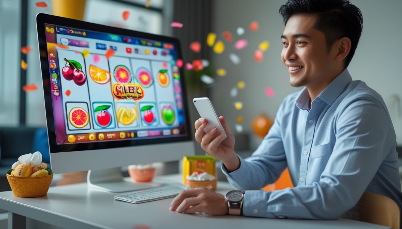Seorang profesional muda meninjau platform digital bertema buah menggunakan ponsel di meja kerja modern.