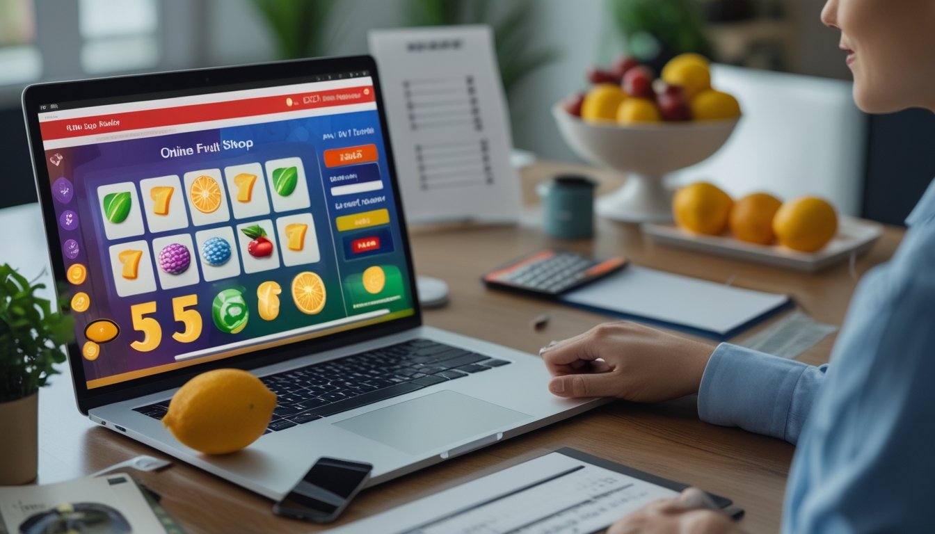 Seorang profesional memeriksa laptop dan ponsel dengan simbol keamanan serta permainan bertema buah.
