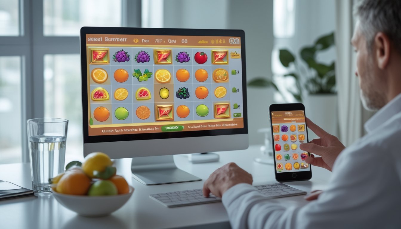 Seseorang menggunakan laptop dengan tampilan permainan bertema buah di meja kerja, ditemani ponsel dan semangkuk buah.