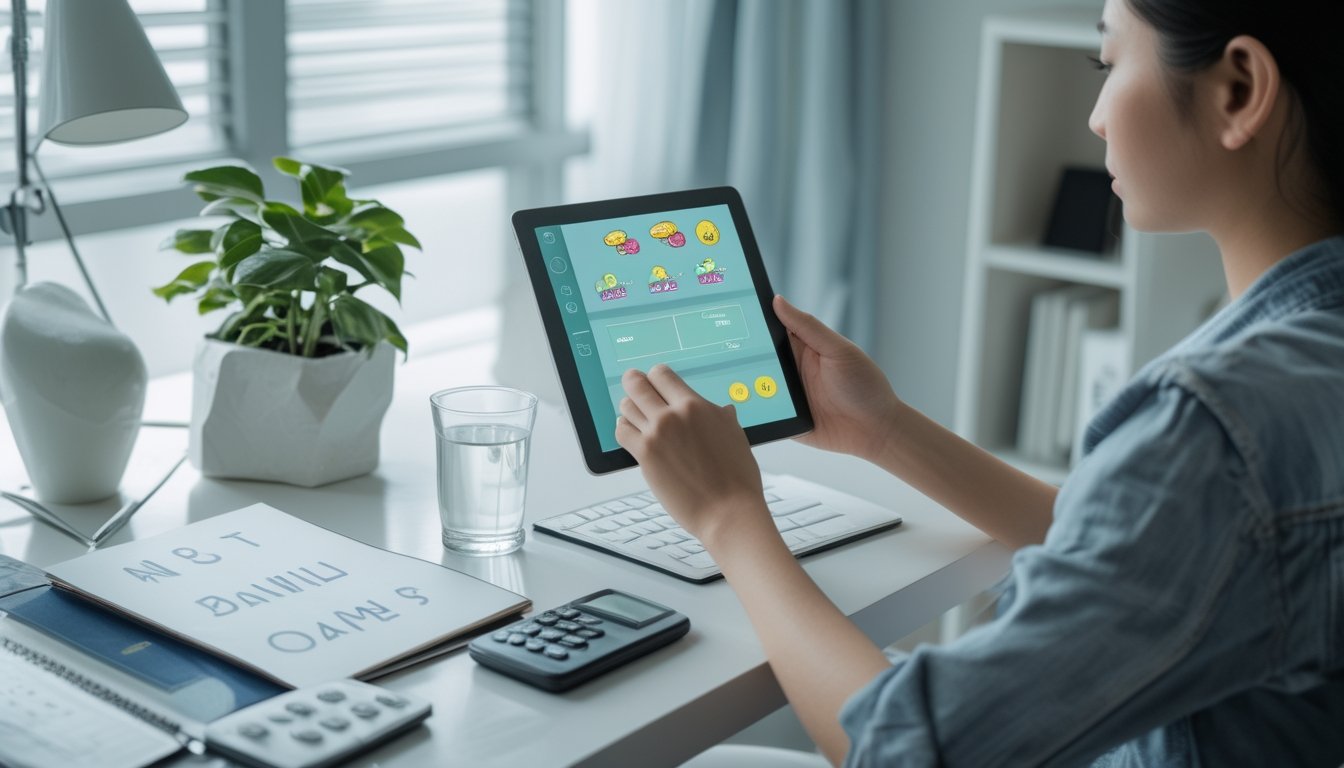 Seorang pemula meninjau permainan slot bertema buah di tablet bersama catatan, kalkulator, dan simbol peringatan di ruang kerja yang rapi.