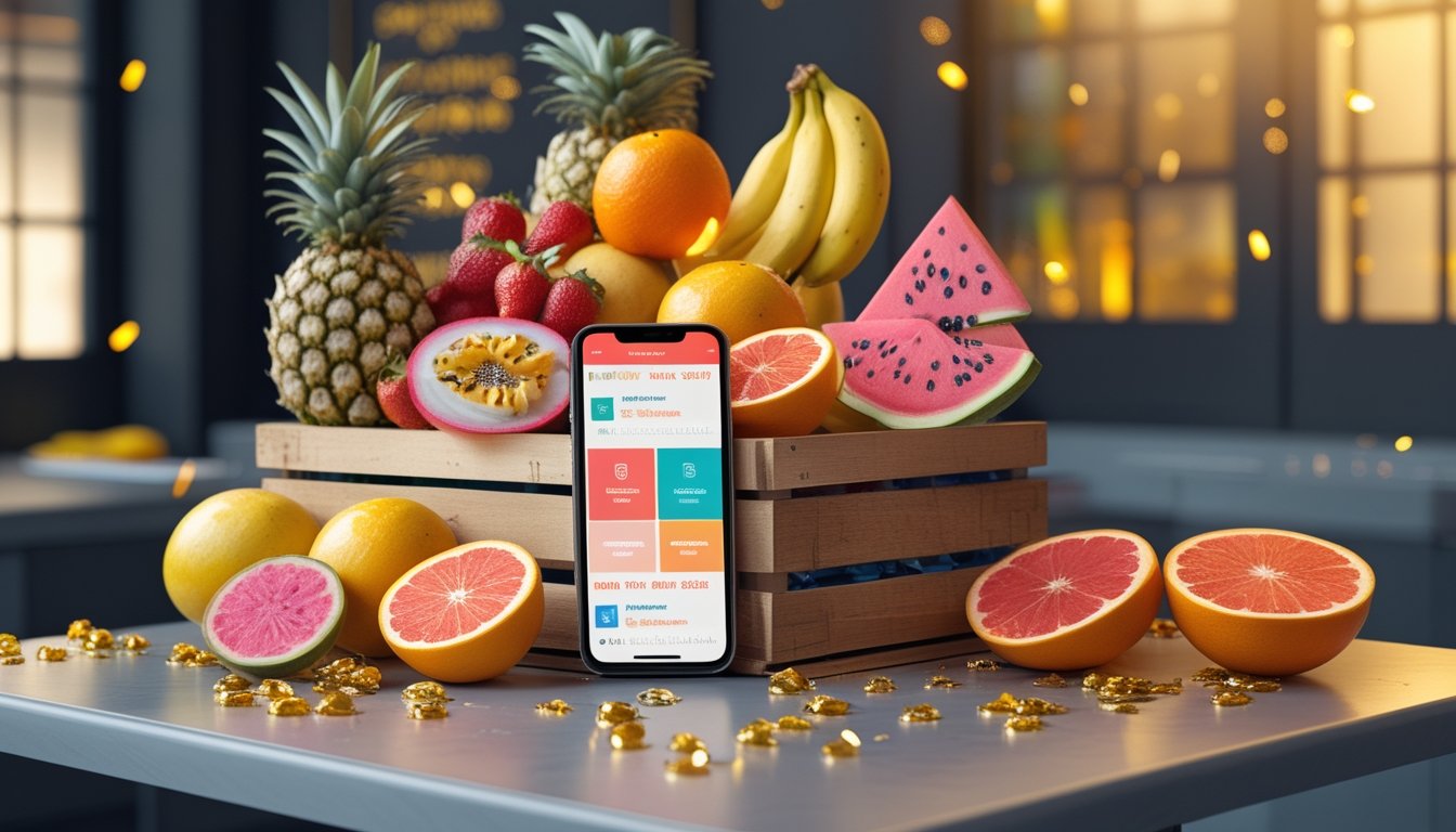 Susunan buah tropis segar dalam peti kayu dengan ponsel di sampingnya.