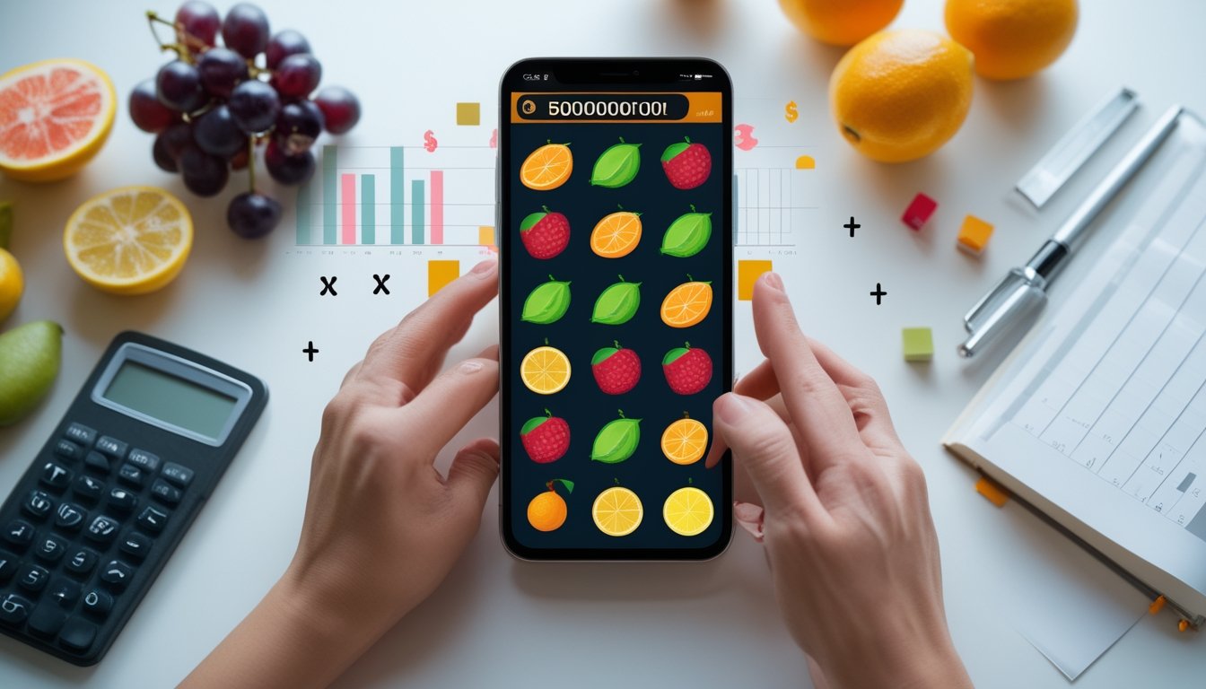 Tangan seseorang menganalisis permainan slot buah di ponsel dengan kalkulator, grafik abstrak, dan buah-buahan di atas meja.