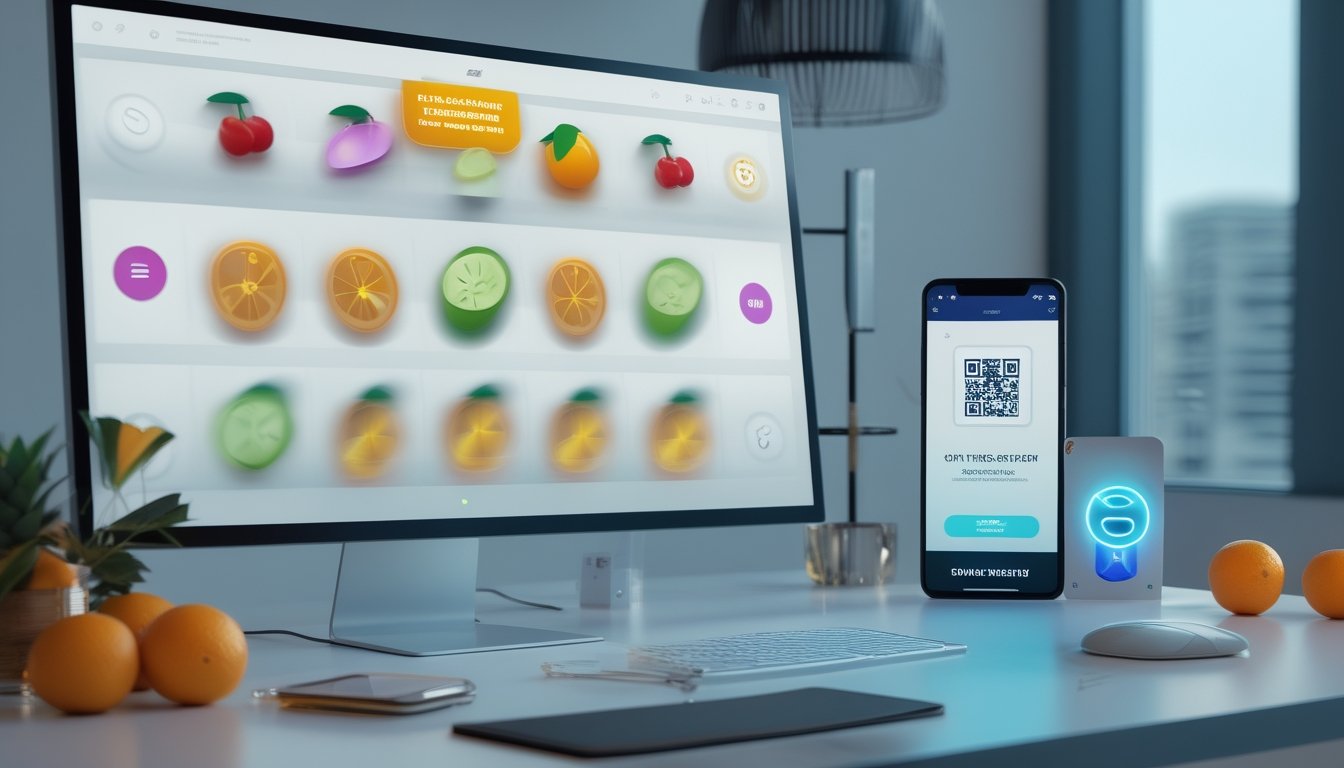 Meja modern dengan komputer dan ponsel yang menampilkan visual permainan buah serta elemen pembayaran digital dan kode QR.