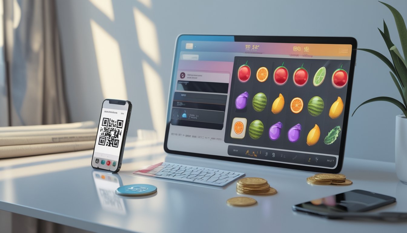 Perangkat digital menampilkan permainan slot bertema buah dengan elemen pembayaran digital di meja kerja modern.