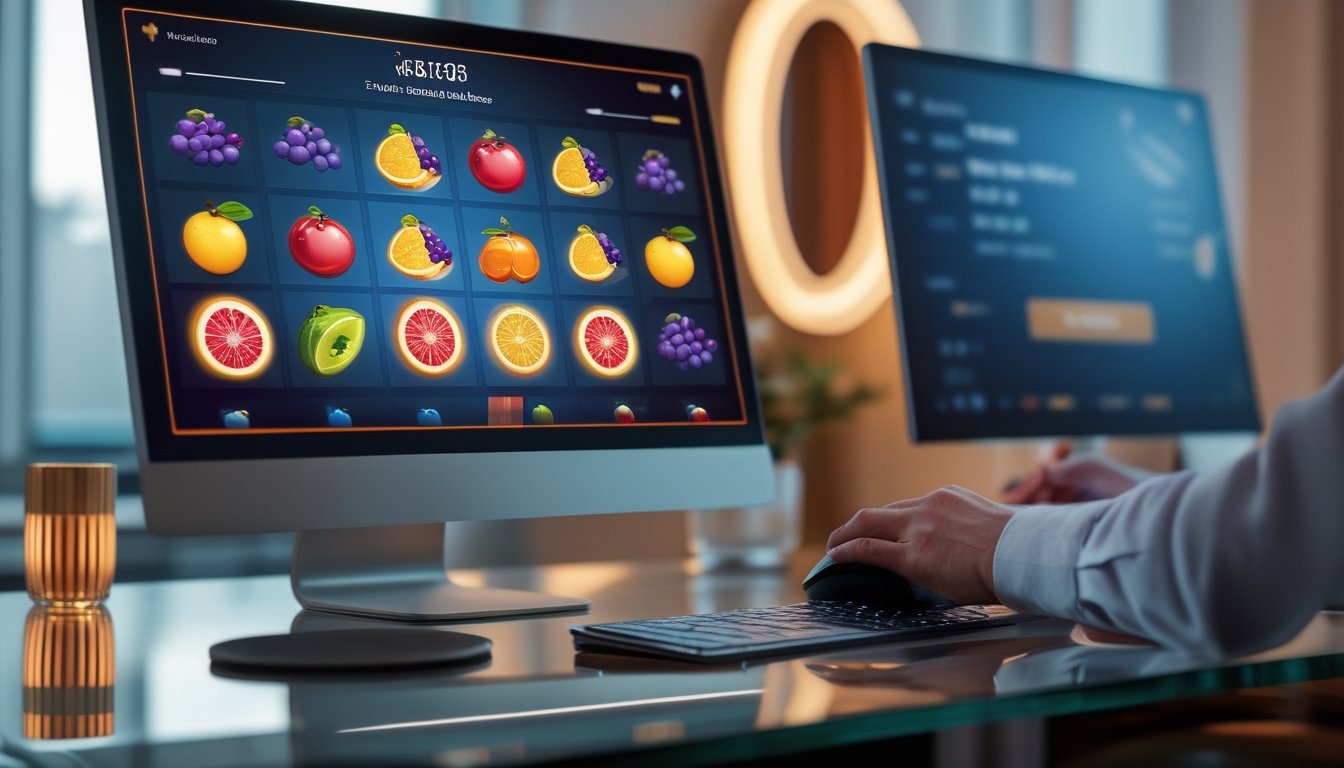 Perangkat komputer dan ponsel menampilkan permainan slot bertema buah di ruang kerja modern.