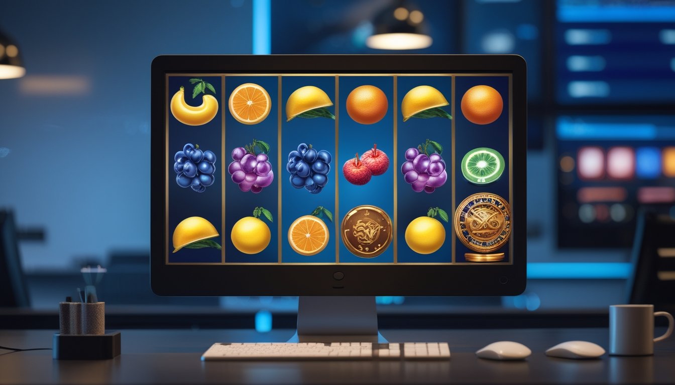 Layar komputer menampilkan permainan slot bertema buah di ruang kerja digital yang modern dan profesional.
