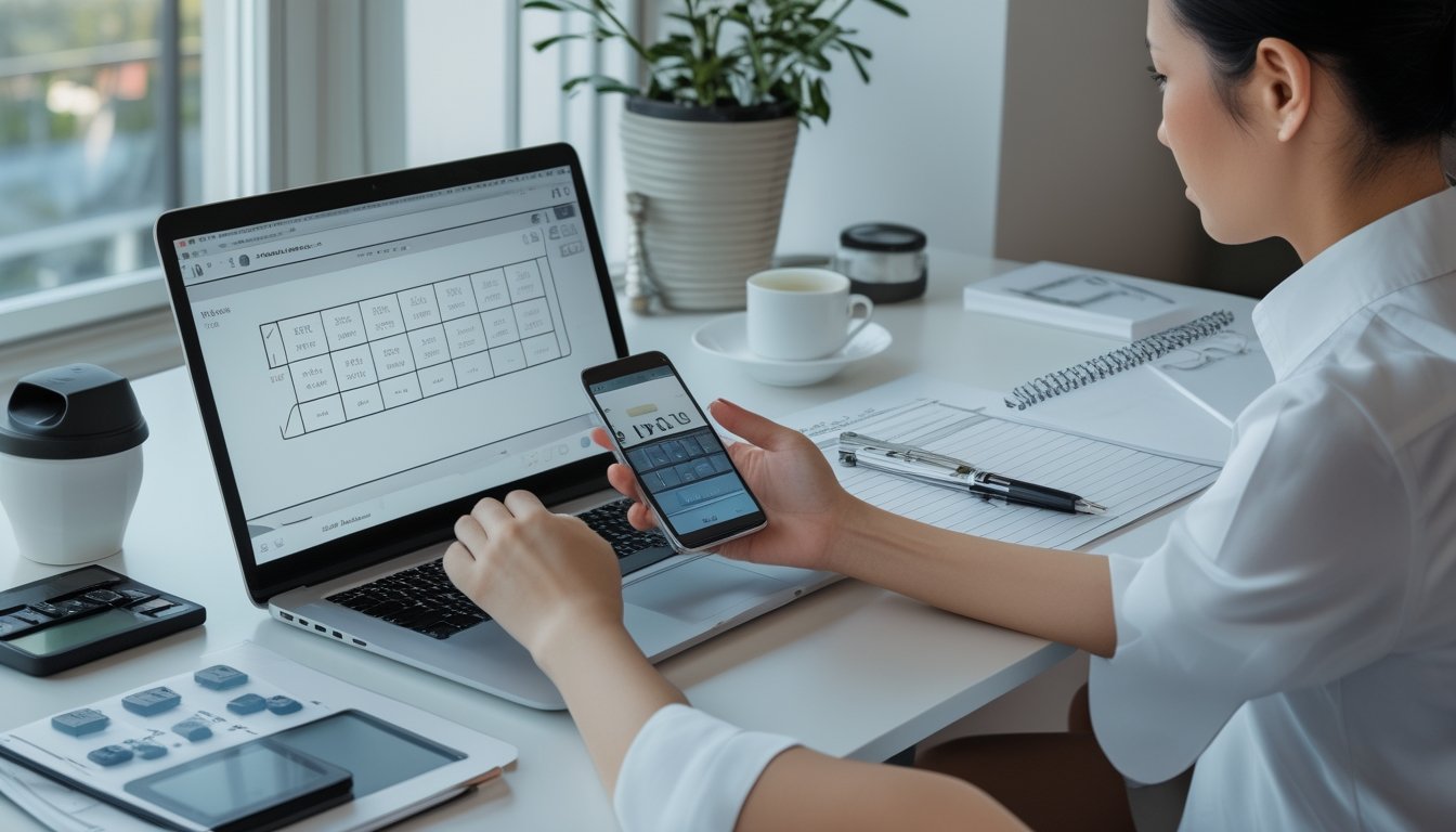 Seseorang mempelajari pilihan angka pada laptop dan ponsel di meja kerja.