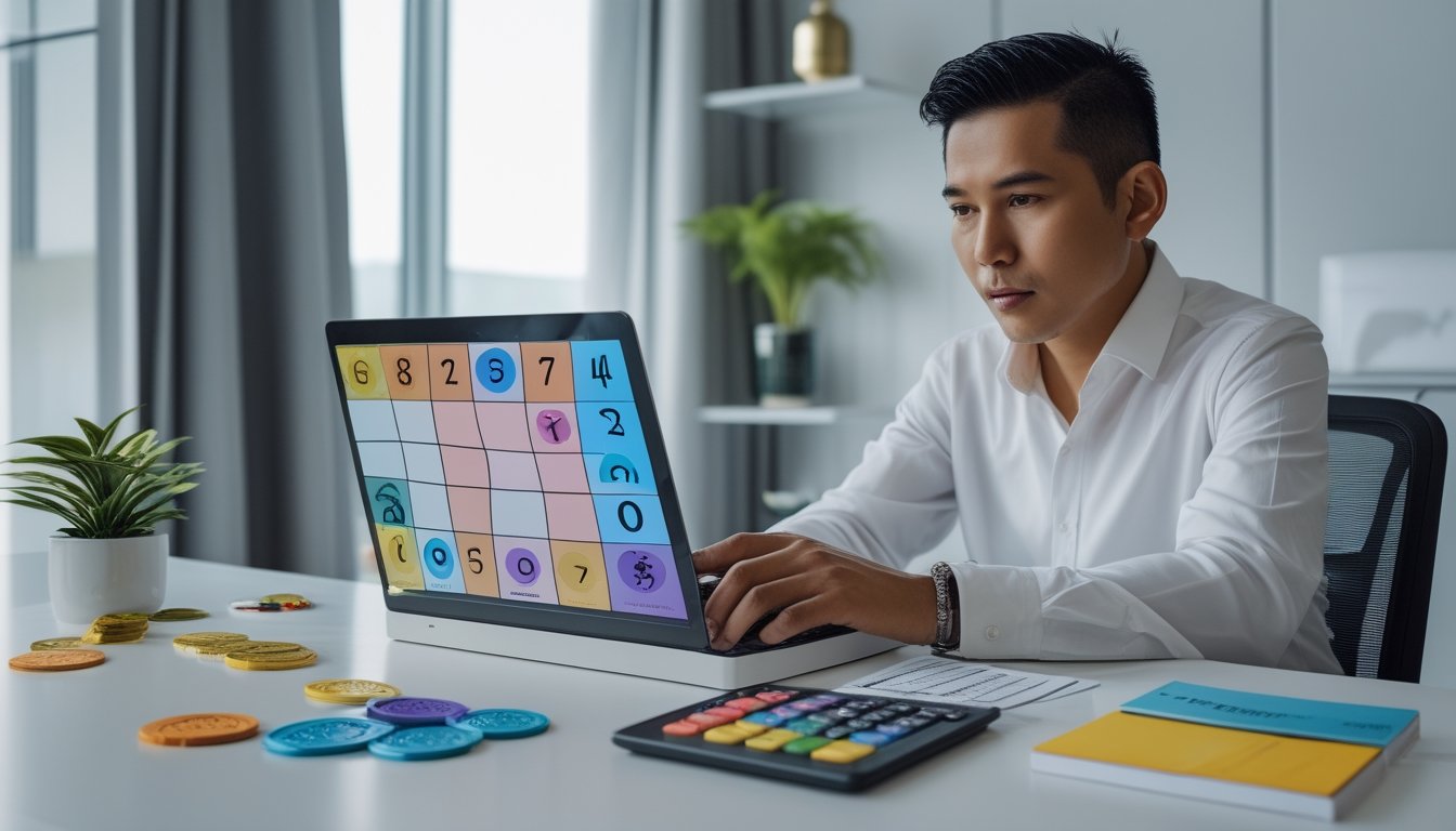 Seseorang mempelajari pilihan angka dan simbol zodiak pada laptop di meja kerja.