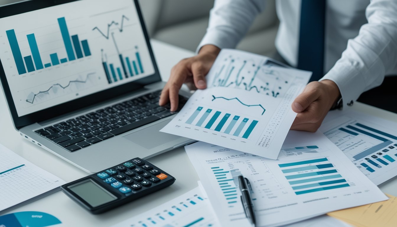 Seseorang menganalisis grafik statistik abstrak di laptop bersama lembar data, kalkulator, dan catatan di meja kerja.