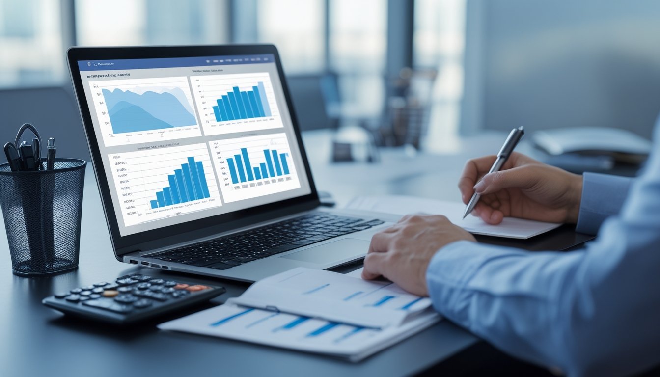 Tangan seorang analis memeriksa grafik statistik dan pola probabilitas di meja kerja dengan laptop, kalkulator, dan buku catatan.