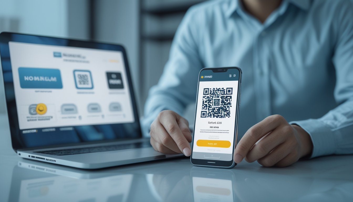 Seseorang menggunakan ponsel untuk melakukan pembayaran digital dengan kode QR di meja kerja modern.