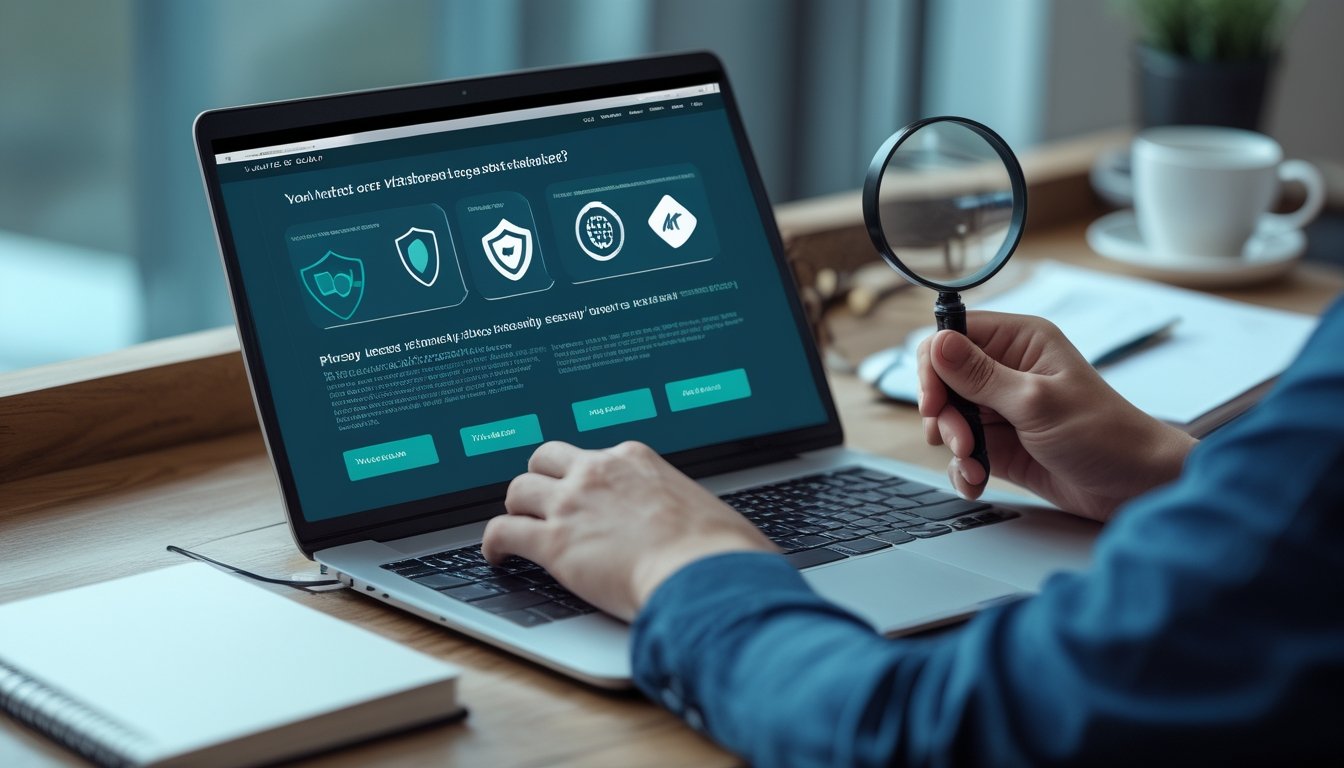 Seseorang memeriksa situs web pada laptop dengan simbol keamanan dan daftar verifikasi di meja kerja.