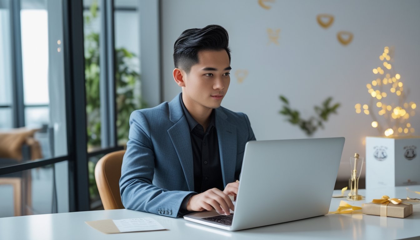 Seorang profesional menggunakan laptop untuk mendaftar di platform digital dengan elemen hadiah sambutan di sekitarnya.