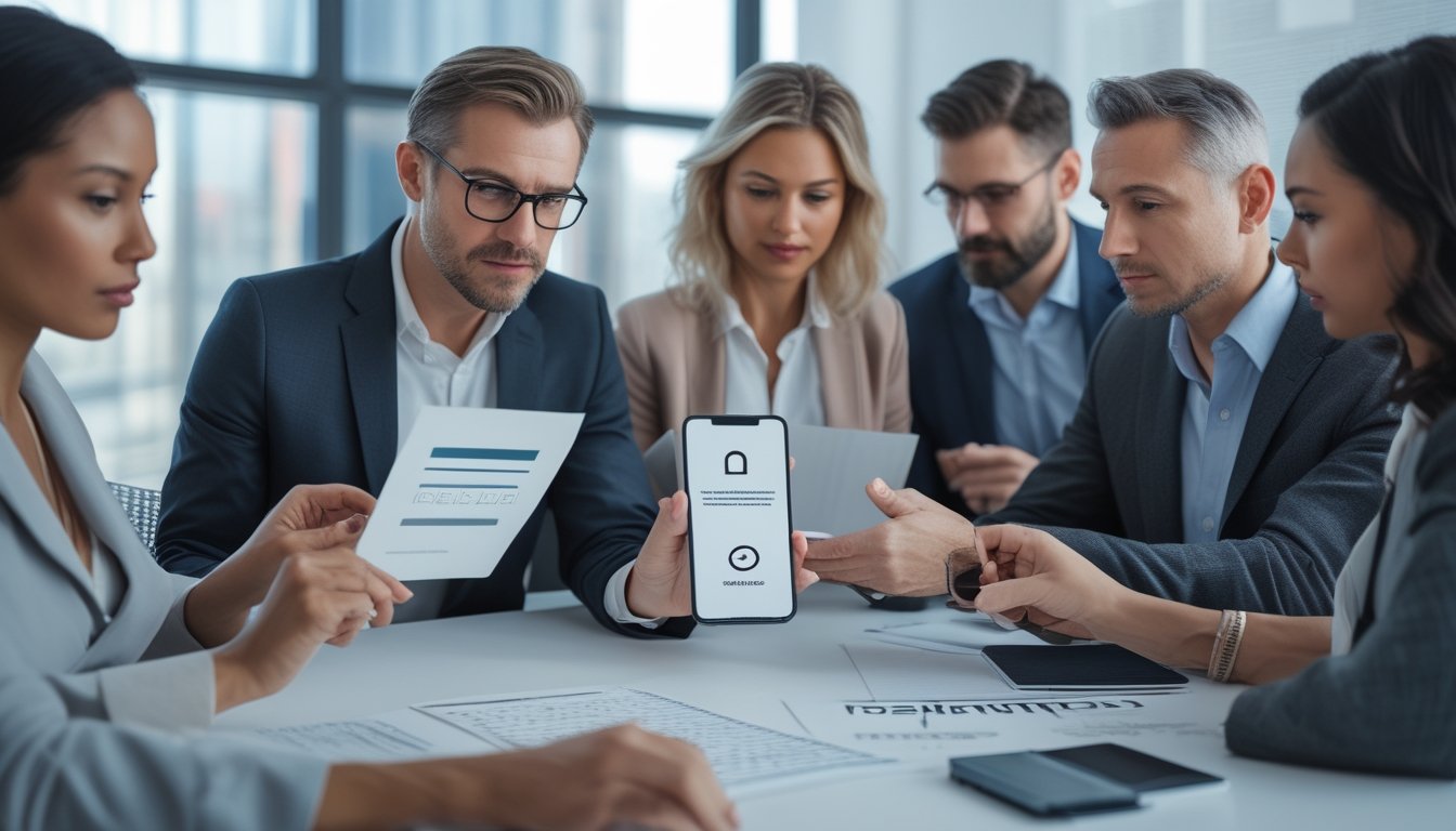 Orang dewasa memeriksa dokumen identitas dan verifikasi usia dengan bantuan petugas di kantor modern.