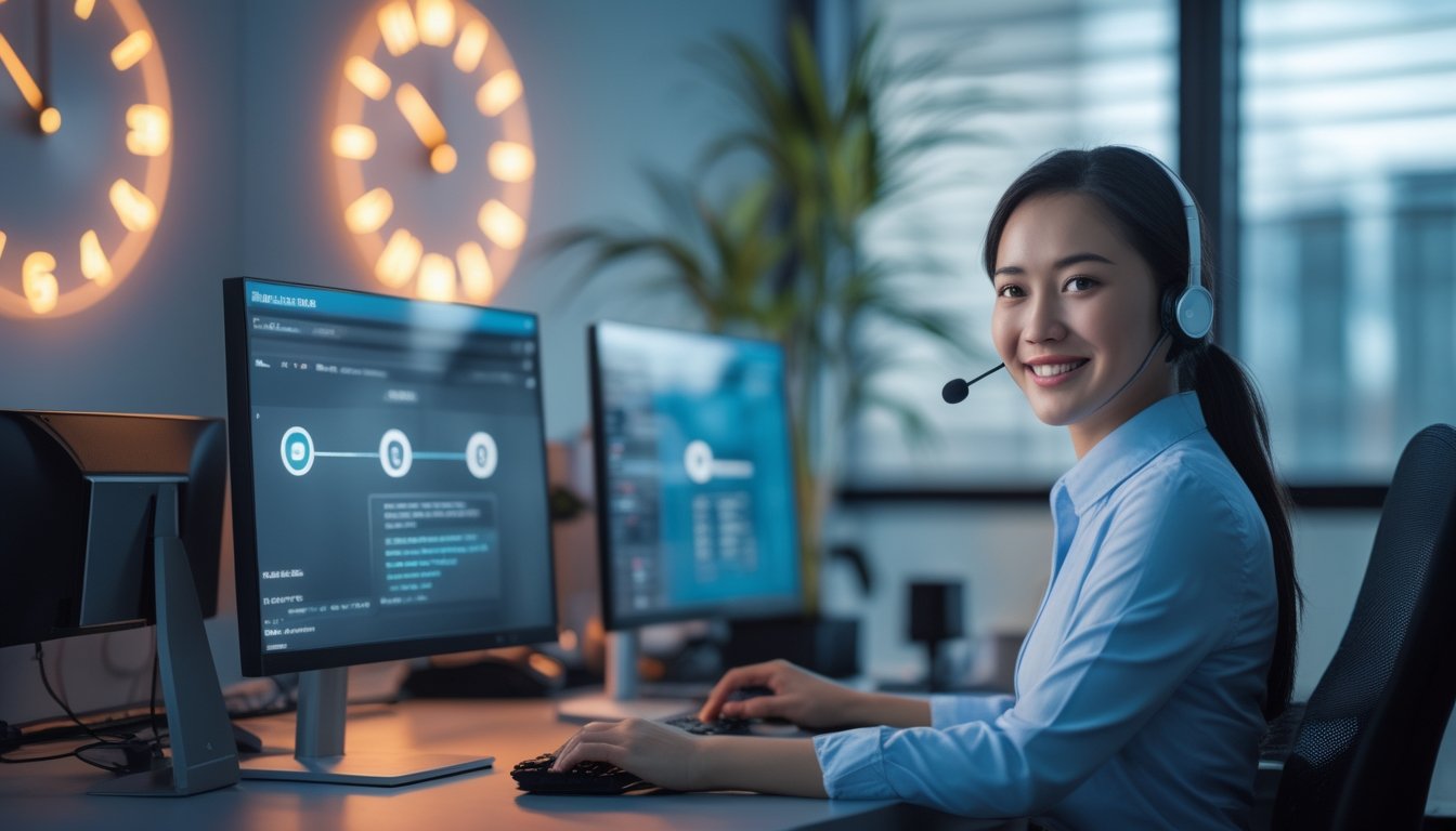 Petugas layanan pelanggan tersenyum membantu pengguna melalui obrolan langsung di kantor modern.