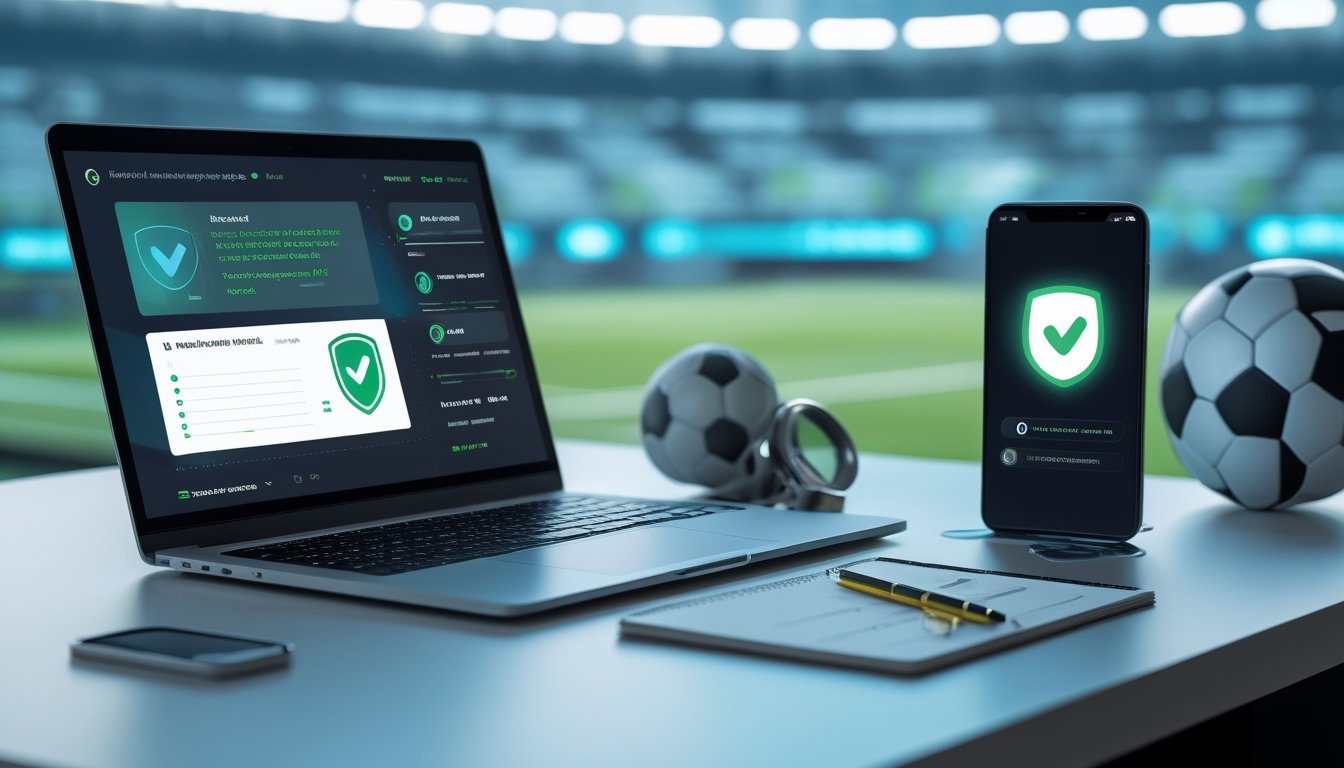 Meja kerja modern dengan laptop, ponsel, bola sepak, dan simbol keamanan berlatar stadion yang buram.