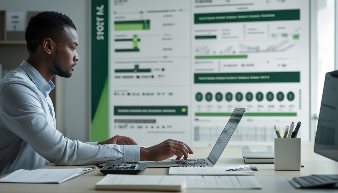 Seorang analis mempelajari data pertandingan sepak bola dan grafik statistik di kantor modern.