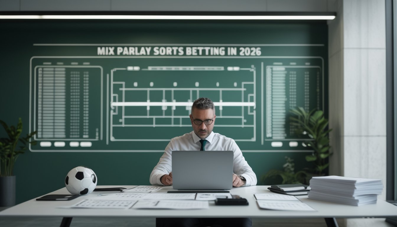 Analis olahraga menganalisis statistik beberapa pertandingan sepak bola di meja kerja dengan laptop, grafik, bola, dan kalkulator.