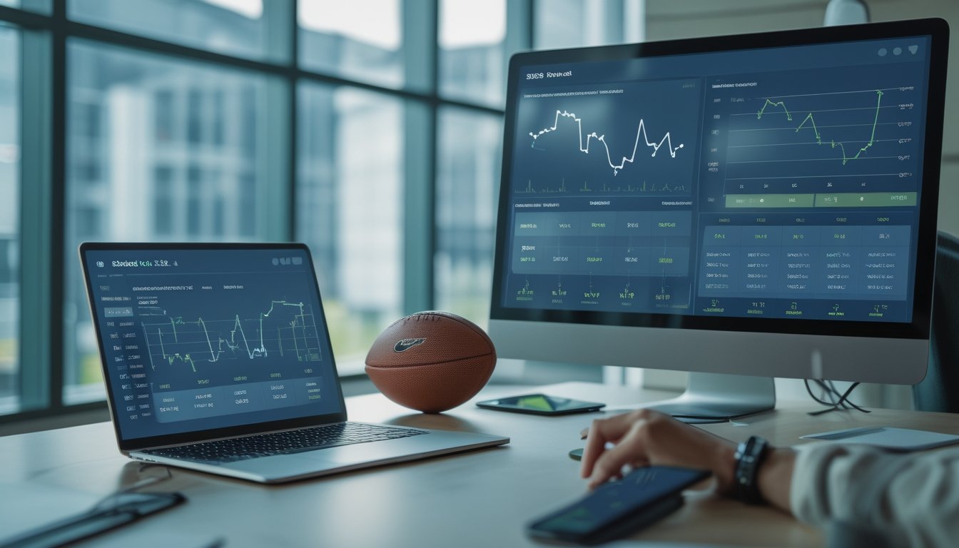 Analis memeriksa grafik data sepak bola abstrak di ruang kerja modern dengan laptop, monitor, dan bola sepak.