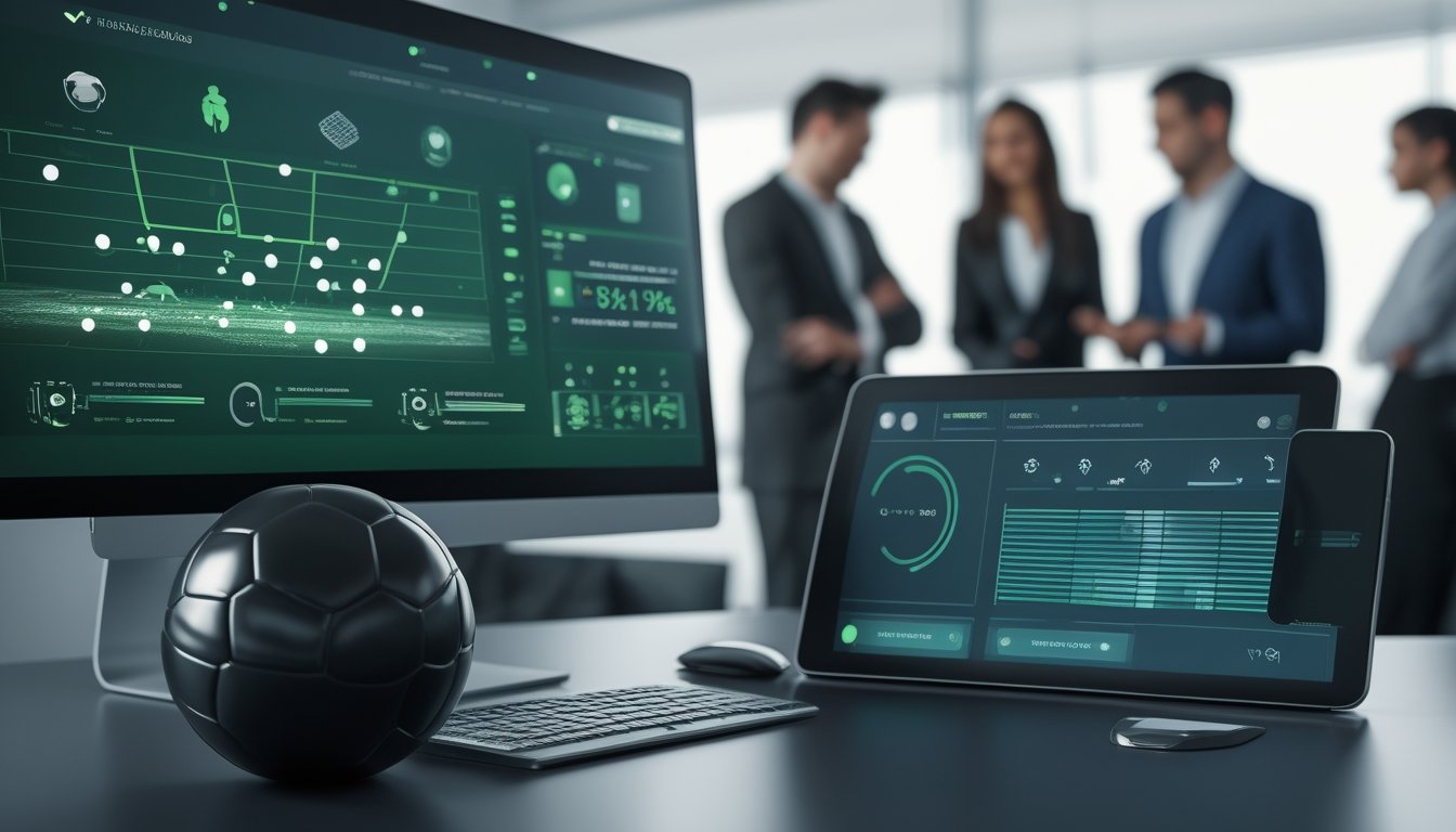 Analis sepak bola dewasa membandingkan data pertandingan pada monitor modern dengan bola sepak di meja.
