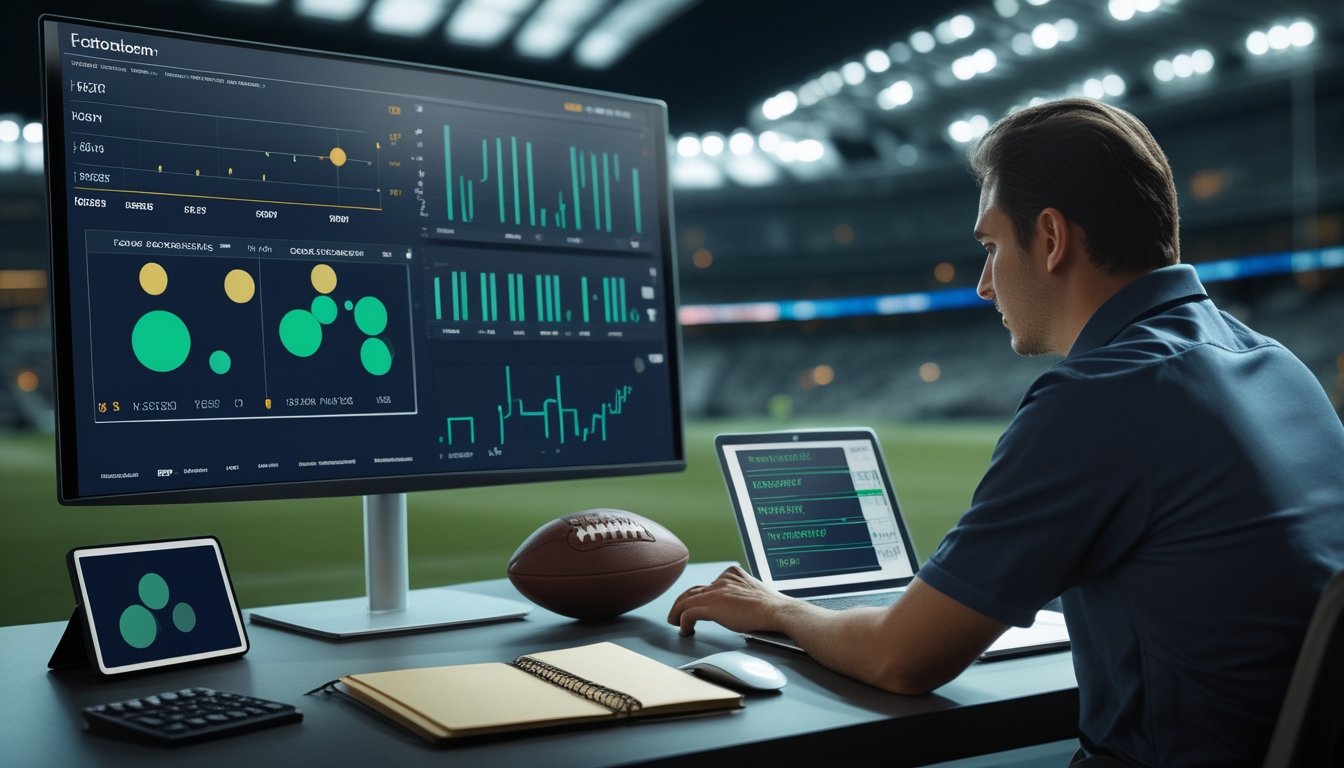 Analis sedang mempelajari data pertandingan sepak bola di ruang kerja modern dengan bola di sampingnya.