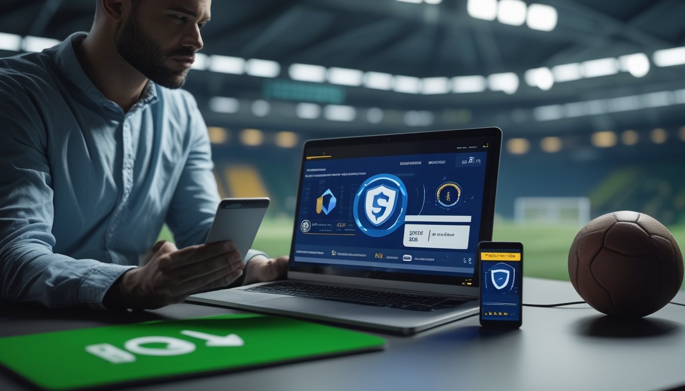 Orang dewasa memeriksa statistik sepak bola dan keamanan akun di laptop dalam suasana kantor modern.
