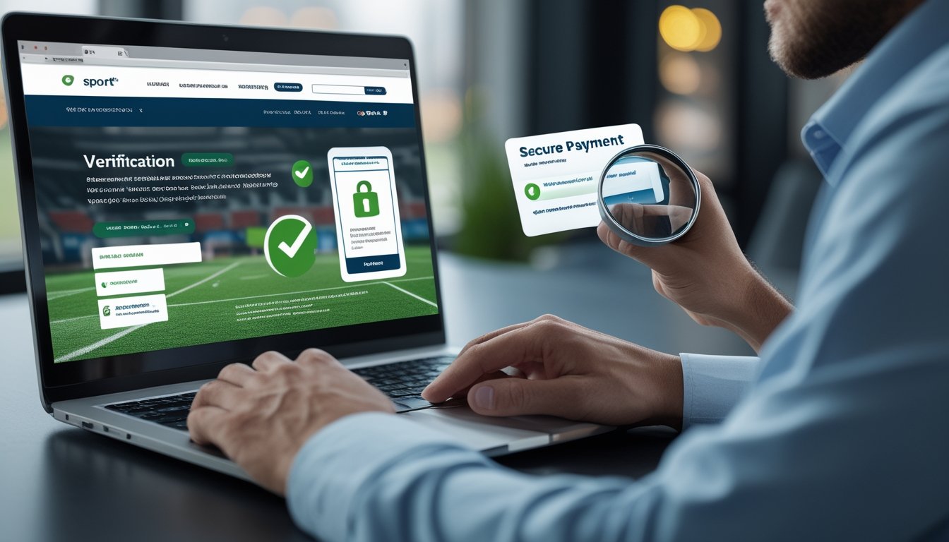 Orang dewasa memeriksa keamanan dan legalitas platform taruhan olahraga resmi menggunakan laptop dengan simbol perisai, gembok, dan tanda centang.