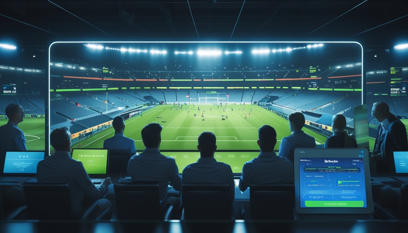 Sekelompok orang mengamati pertandingan sepak bola dan visualisasi data langsung di ruang kerja modern.