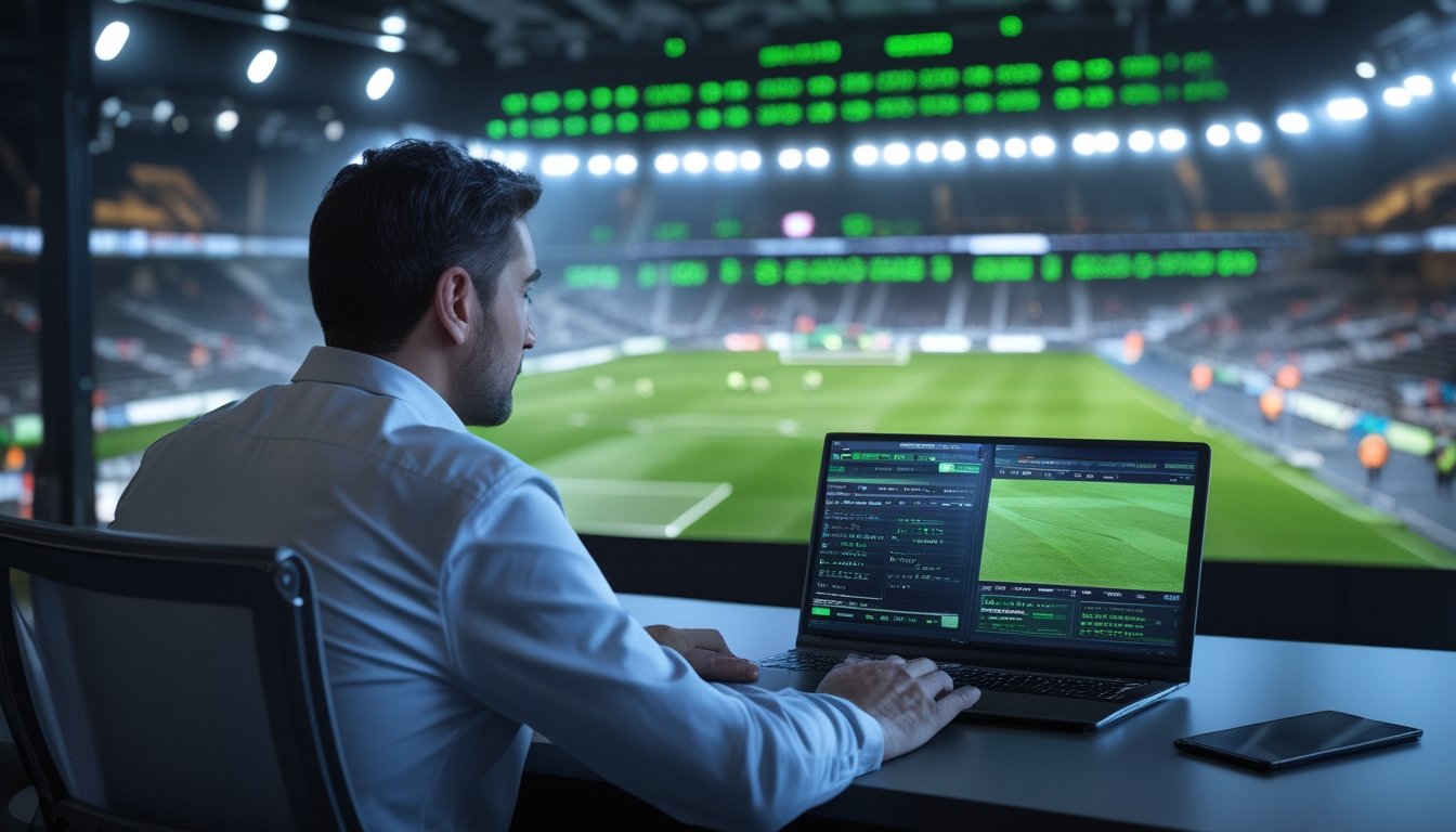 Seseorang menggunakan laptop dan ponsel sambil menyaksikan pertandingan sepak bola dengan tampilan data langsung.