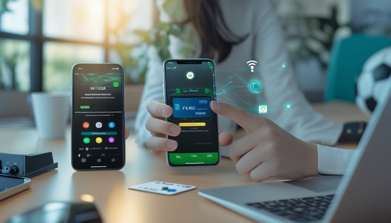 Seseorang menggunakan ponsel untuk melakukan pembayaran digital di meja kerja modern dengan perlengkapan teknologi dan bola sepak di latar belakang.