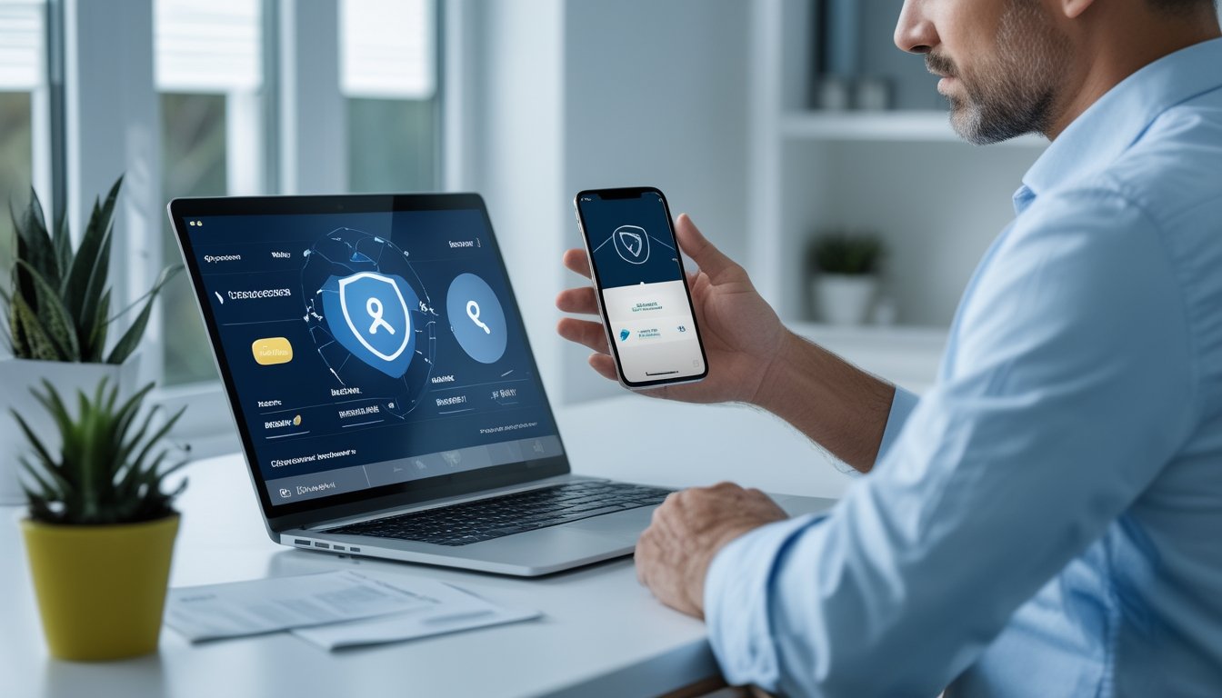 Seseorang memeriksa platform olahraga dan pembayaran digital yang aman di laptop dan ponsel.