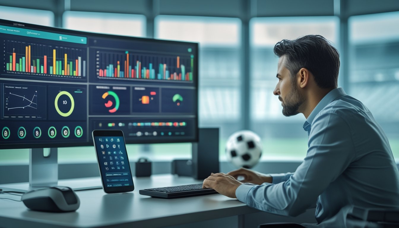 Seorang analis mempelajari grafik statistik pertandingan sepak bola di depan komputer dengan bola sepak di meja.