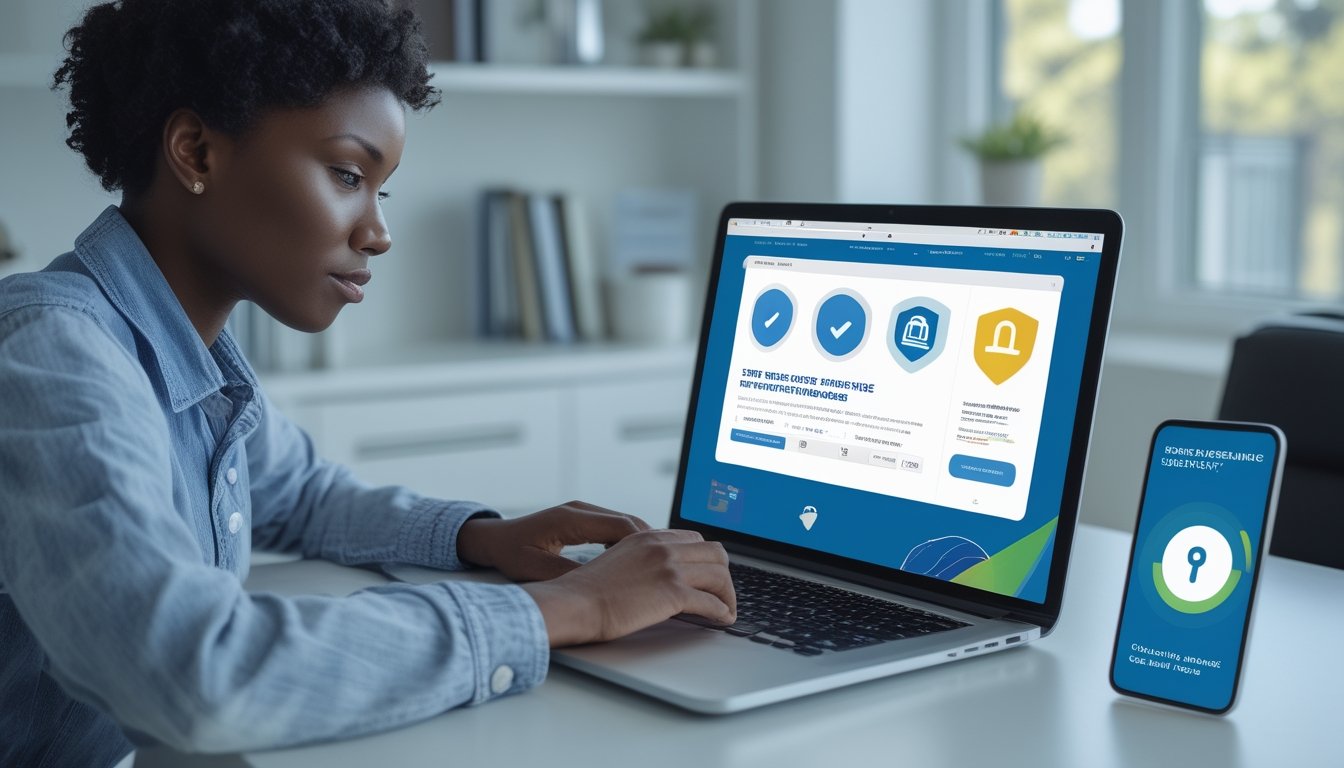 Seorang pengguna memeriksa keamanan dan legalitas platform digital di laptop dengan simbol perisai dan gembok.