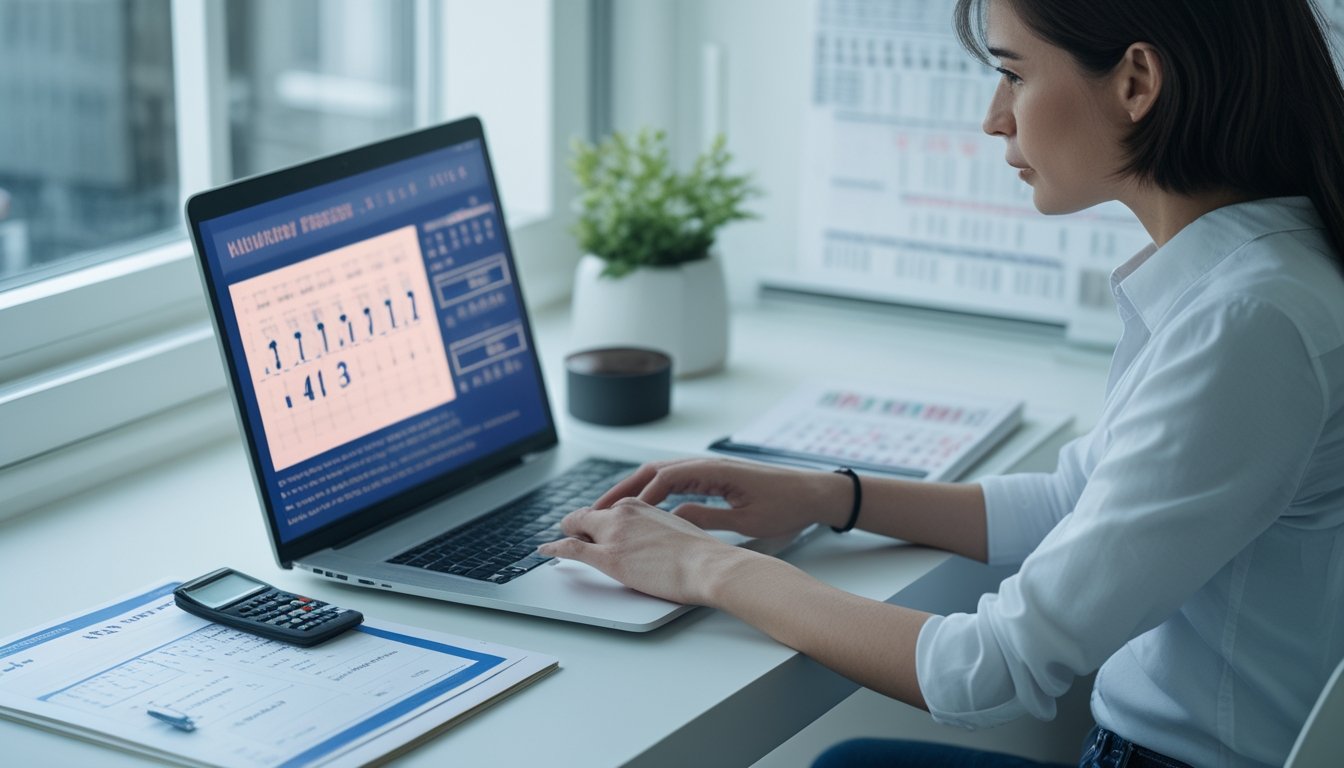 Orang dewasa menganalisis pola angka dan grafik data di meja kerja dengan laptop, buku catatan, dan kalkulator.