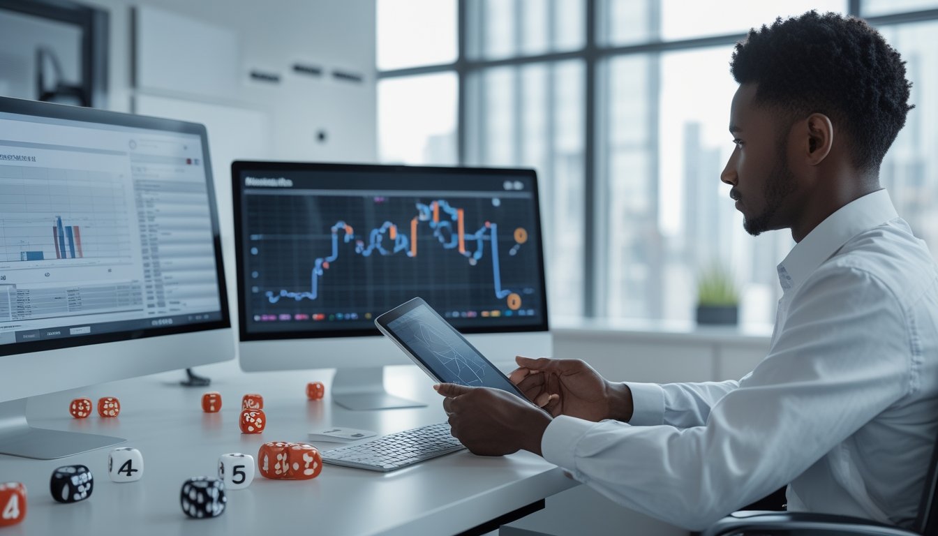 Seorang analis memeriksa grafik probabilitas dan pola angka acak di meja kerja modern.