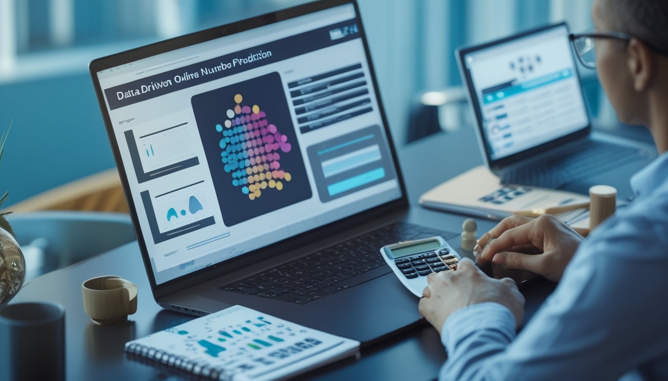 Seorang analis meninjau grafik angka abstrak di laptop dan ponsel pada meja kerja modern.