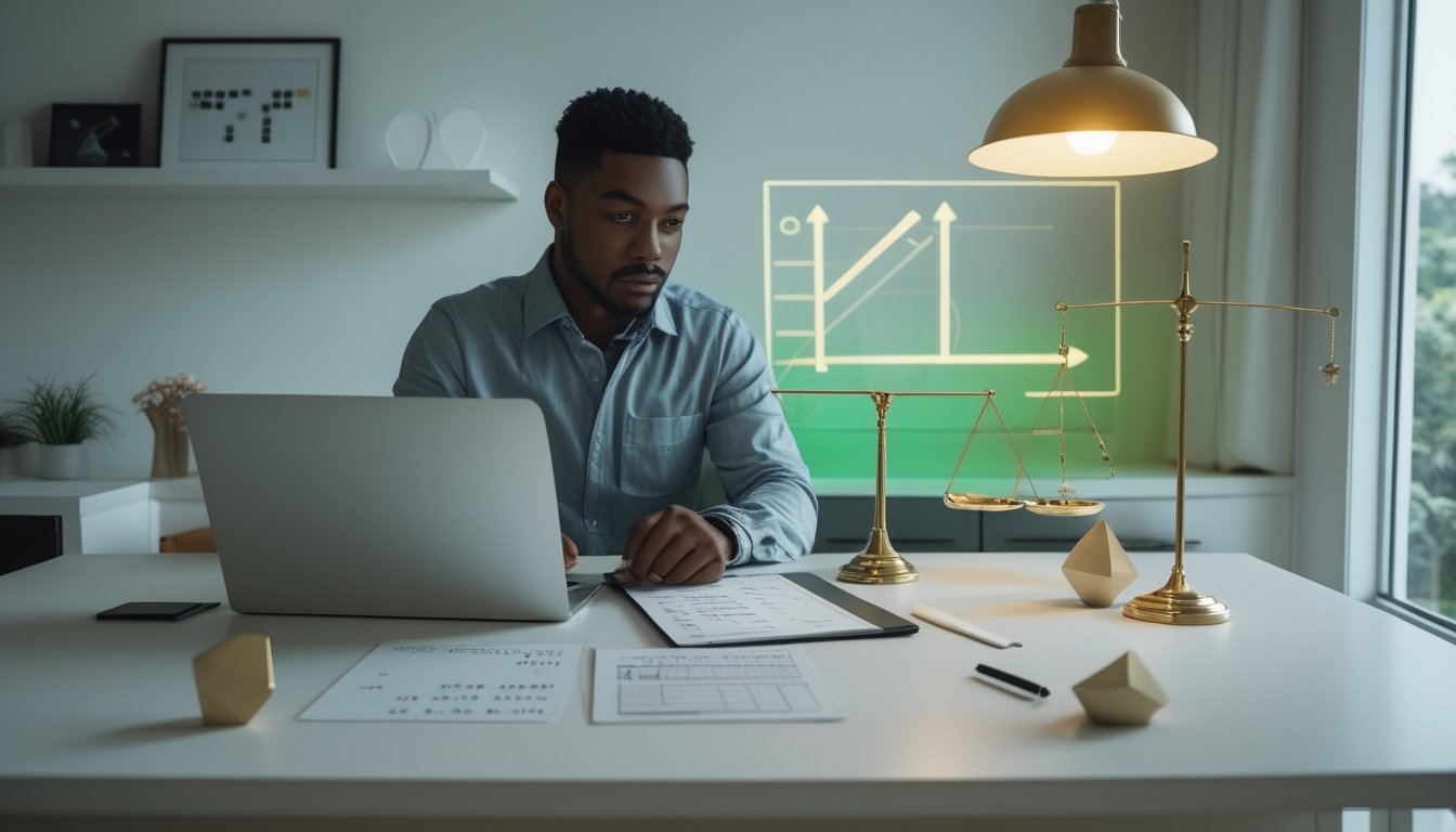 Seseorang menganalisis data angka dan risiko di meja kerja dengan laptop, kalkulator, dan alat bantu visual.