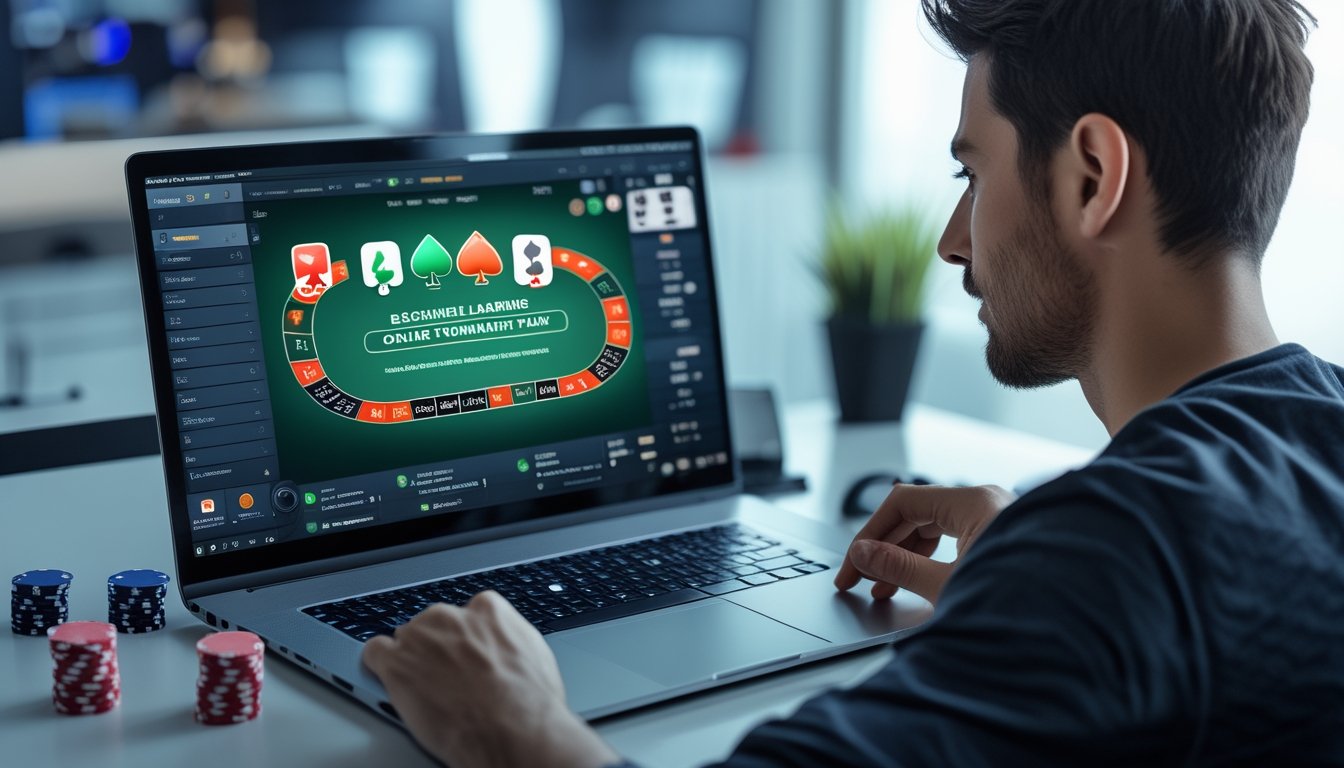 Pemula mempelajari permainan poker online di laptop sambil mencatat strategi di meja kerja.