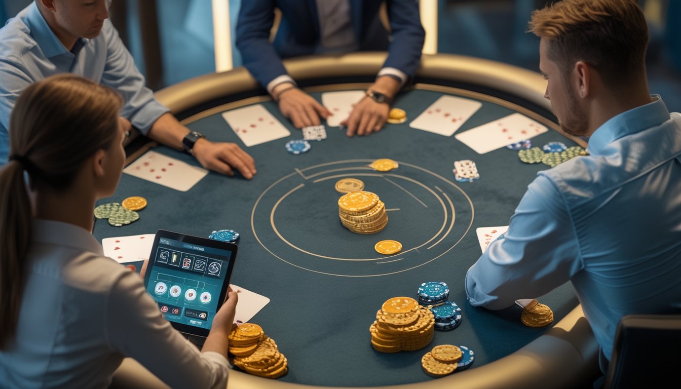 Tiga pemain dewasa mempelajari permainan poker Spin & Go di meja dengan kartu, chip, dan perangkat berisi grafik abstrak.
